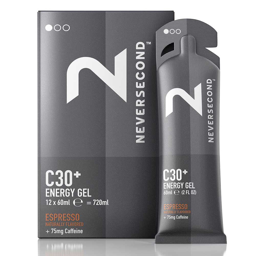 Never Second Gel energético C30+75mg cafeína sabor Espresso 1 Caja 12 pzs